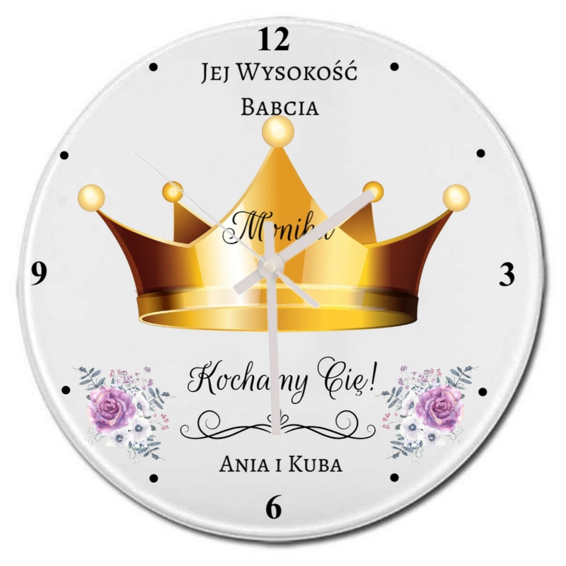 Na Dzień Babci szklany zegar z koroną Jej Wysokość z personalizacją