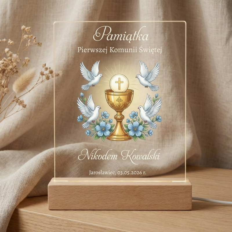 Komunijna ramka LED z nadrukiem UV, bukową podstawą i personalizacją