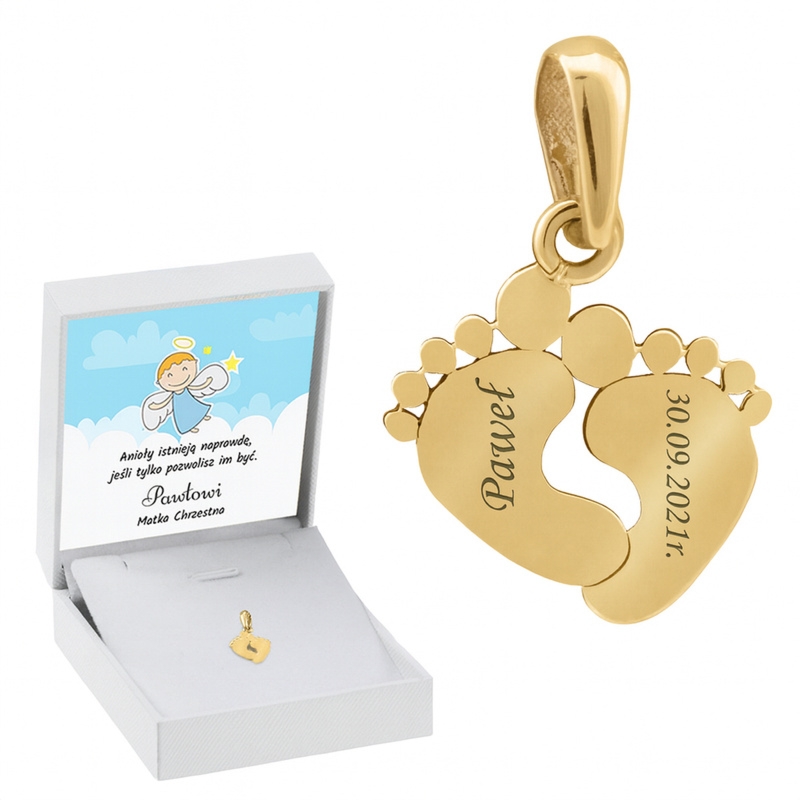 Złote stópki 585 – wisiorek dla młodej mamy z grawerem i zdjęciem