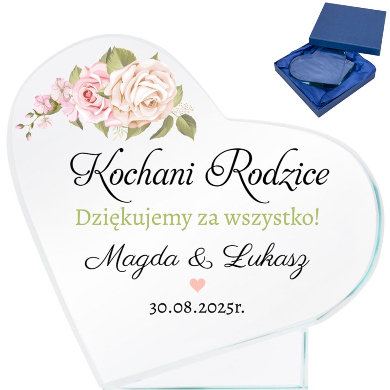 Podziękowanie ślubne dla rodziców: szklane serce UV z imionami