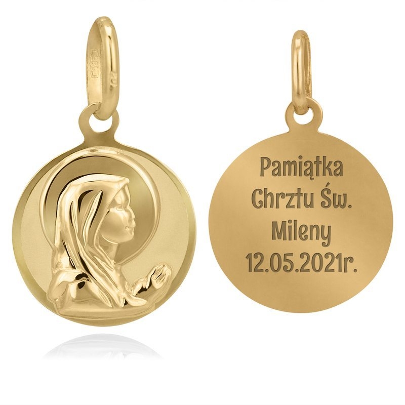Image of Złoty okrągły medalik Matka Boska próba 585 Grawer