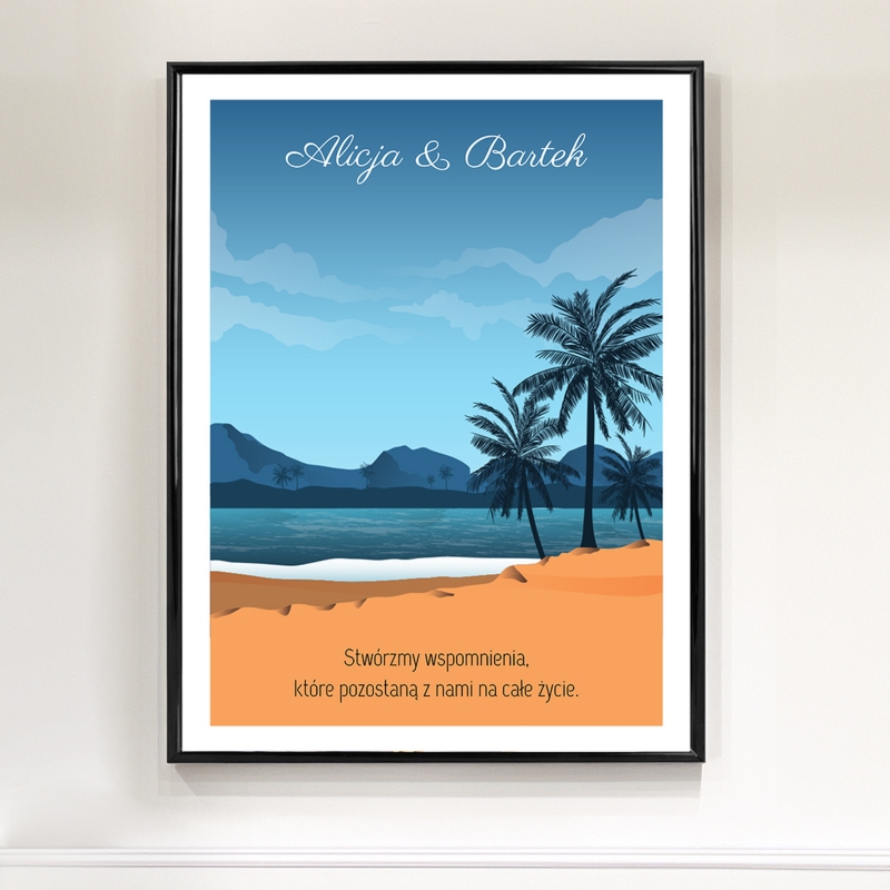 Plakat dla pary z imionami i cytatem w tropikalnym stylu