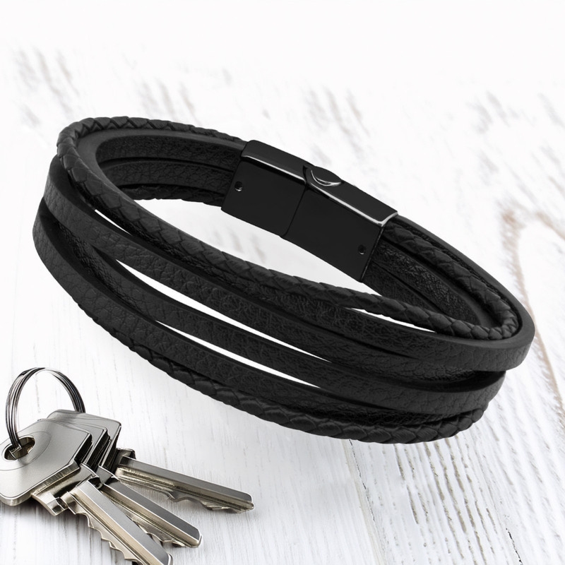 Bransoletka z ekoskóry na rocznicę, czarne zapięcie, grawer