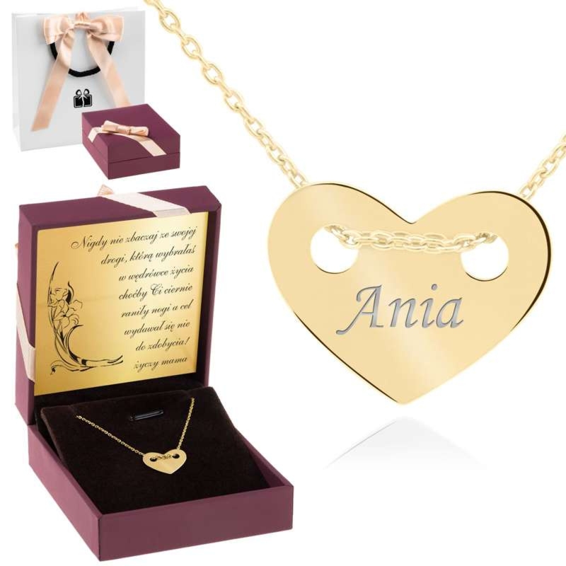 Pozłacany naszyjnik serce pr.925 z grawerem, pudełko i torebka