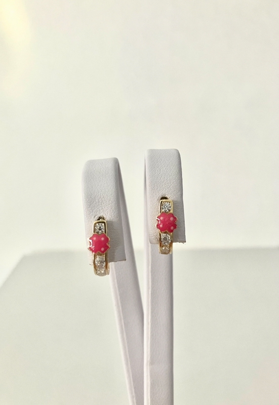 Image of Złote kolczyki dla dziewczynki z różową koniczynką wysadzane białymi cyrkoniami / Próba 585