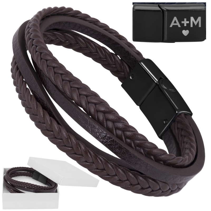 Brązowa bransoletka męska z ekoskóry z grawerem laserowym