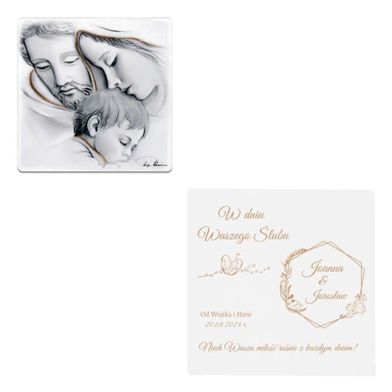 Ręcznie malowany obrazek Św. Rodzina złota z grawerem na ślub