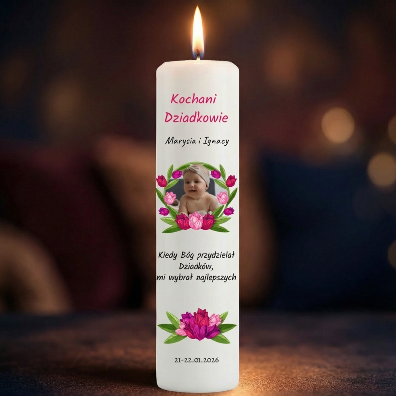 Świeca dla Dziadków z tulipanami, LED i personalizacją ze zdjęciem
