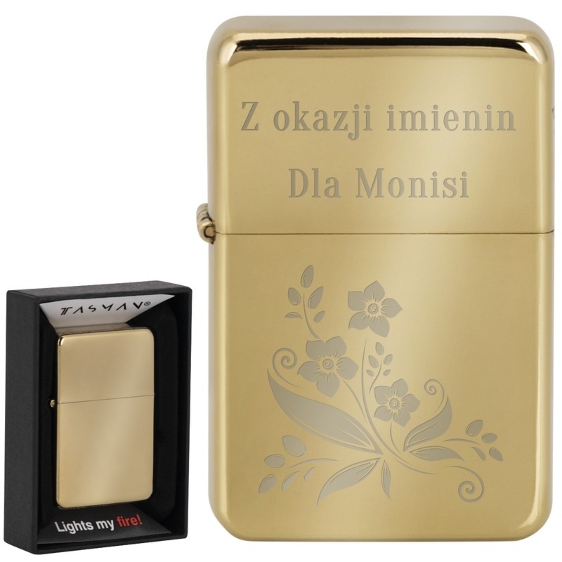 Złota zapalniczka benzynowa Tasman golden polished z grawerem