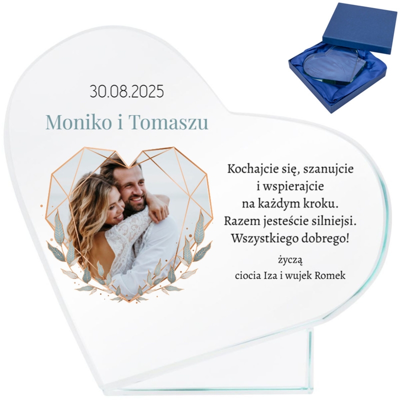 Prezent ślubny – szklane serce z nadrukiem UV z personalizacją