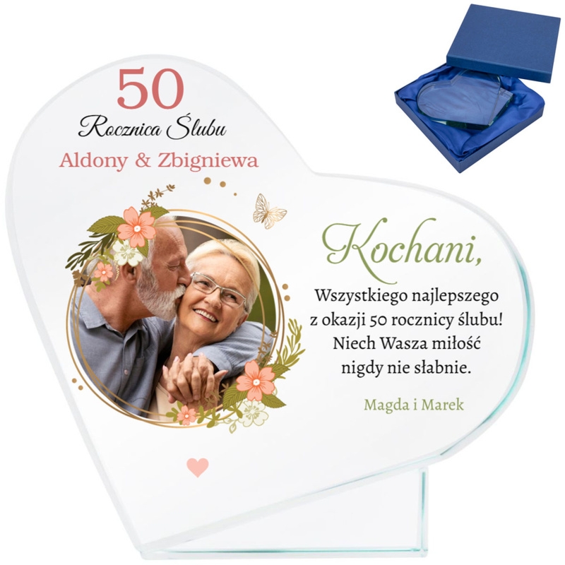 Szklane serce na rocznicę z personalizacją i wydrukiem UV