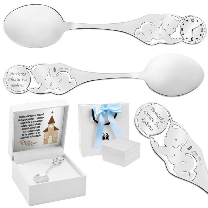 Srebrna łyżeczka z zegarem na Chrzest Dedykacja