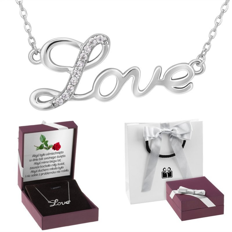 Na Walentynki srebrny naszyjnik LOVE 925 z dedykacją w pudełku
