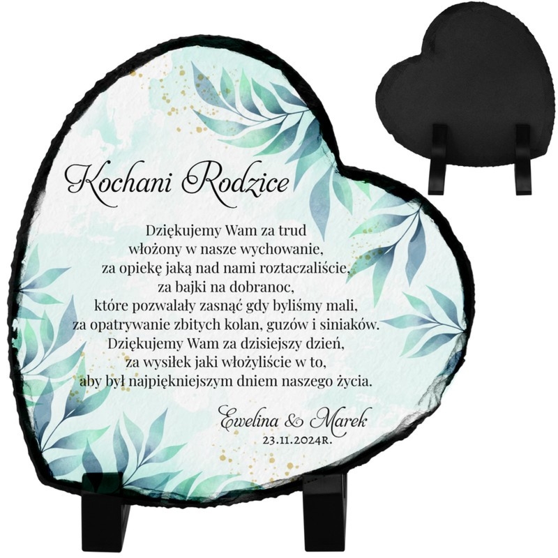 Ślubne podziękowanie dla rodziców – statuetka serce UV personalizacja