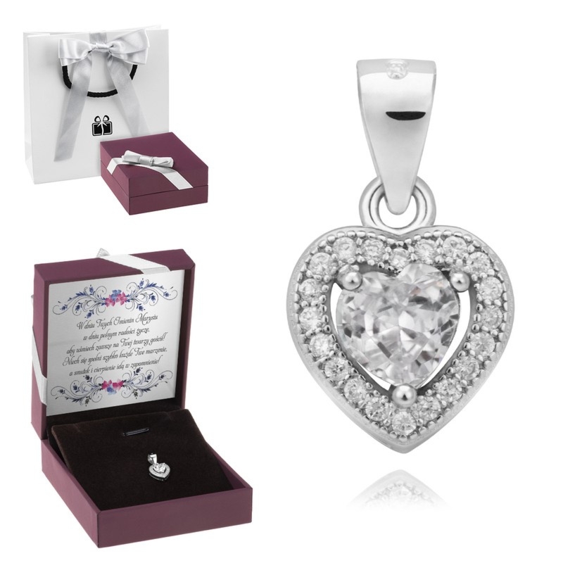 Na Walentynki zawieszka serce srebro 925 z cyrkoniami i dedykacją