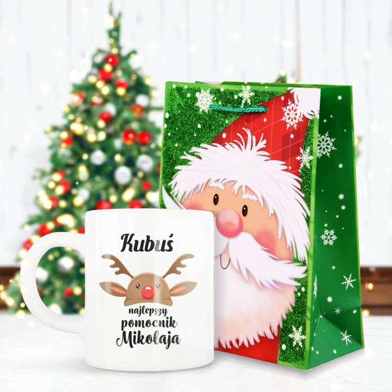 Image of Świąteczny zestaw / Kubek + torebka prezentowa / Zestaw świąteczny dla Dzieci / Prezent dla Dziecka / Kubek z imieniem