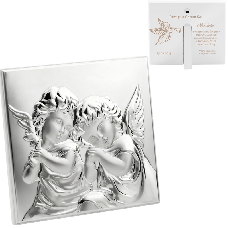 Pamiątka Chrztu Św. Obrazek z dwoma aniołkami z grawerem