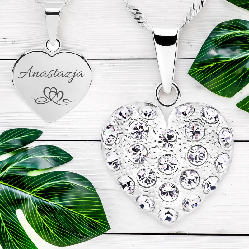 Naszyjnik serce ze srebra 925 z kryształami i grawerem laserowym