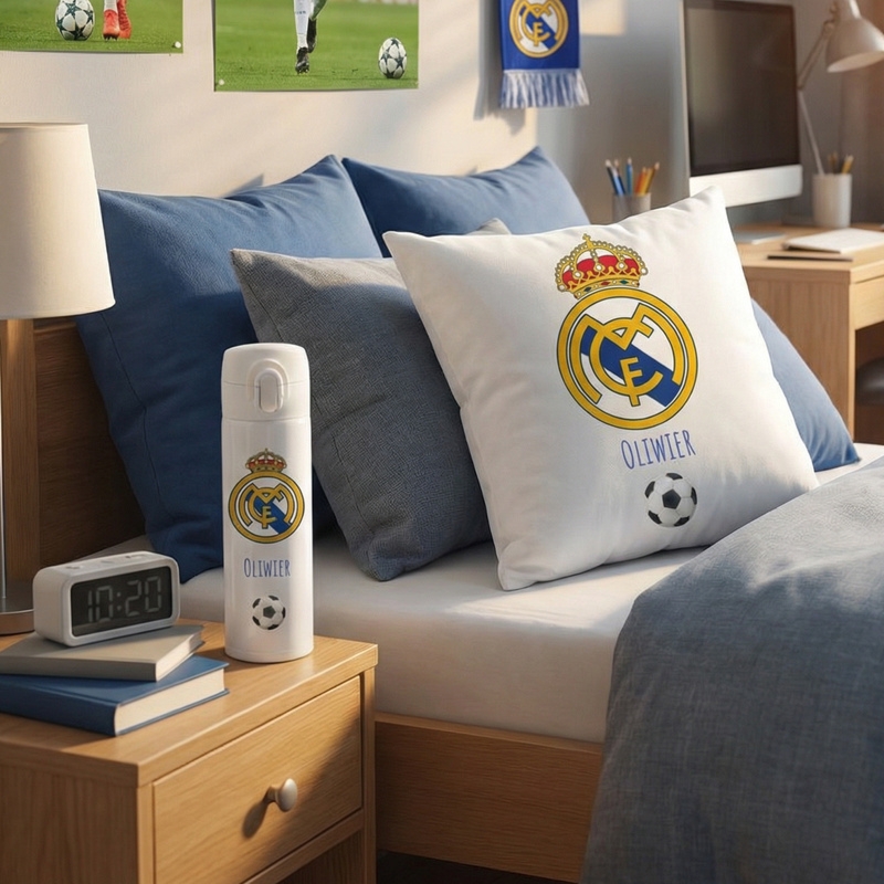 Zestaw kibica Real Madrid z imieniem – kubek termiczny 350 ml i poduszka