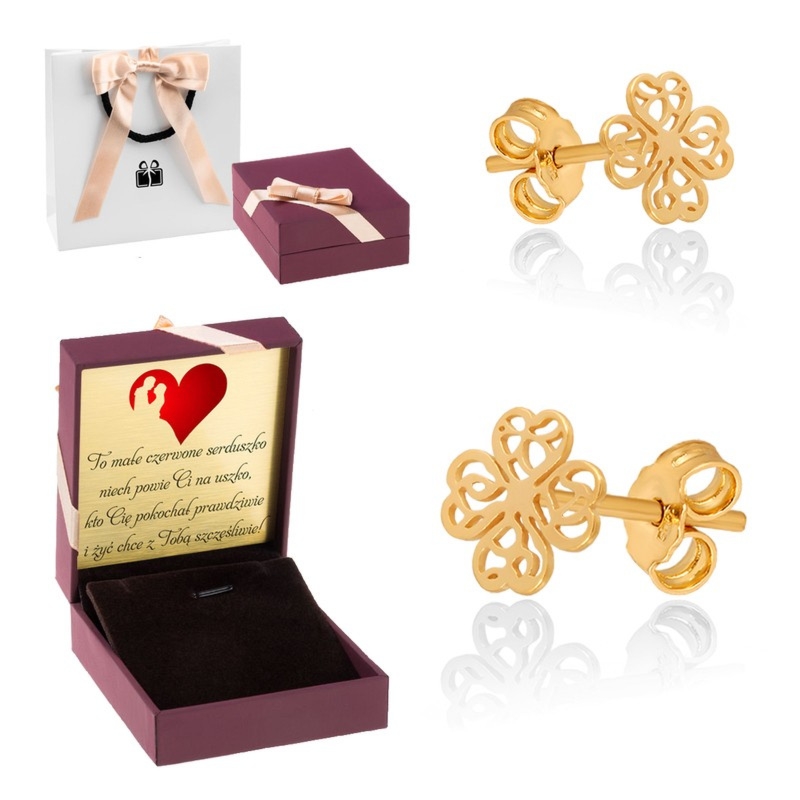 Złote kolczyki koniczynki pr. 585 na Dzień Kobiet z dedykacją