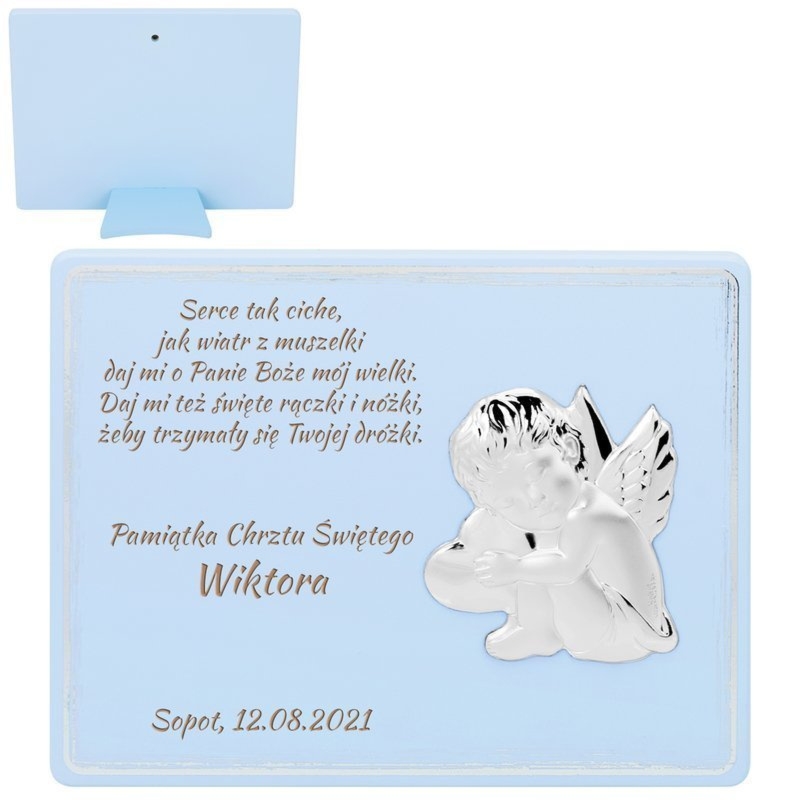 Niebieski obrazek z Aniołkiem na chrzest i roczek z grawerem