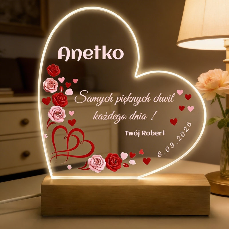 Personalizowana lampka LED serce z dedykacją i pełnokolorowym nadrukiem UV
