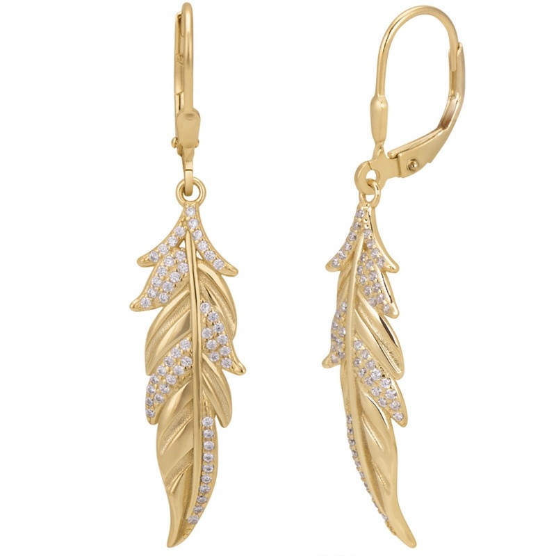 Pozłacane kolczyki piórka z cyrkoniami na Walentynki i rocznicę