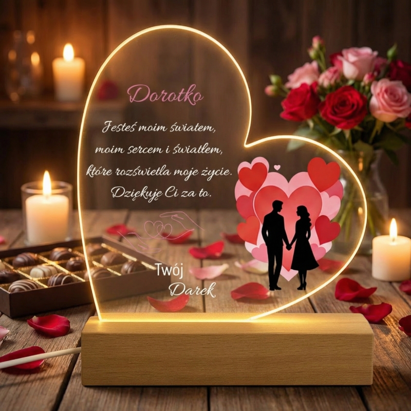 Personalizowana lampka LED serce z dedykacją i pełnokolorowym nadrukiem UV
