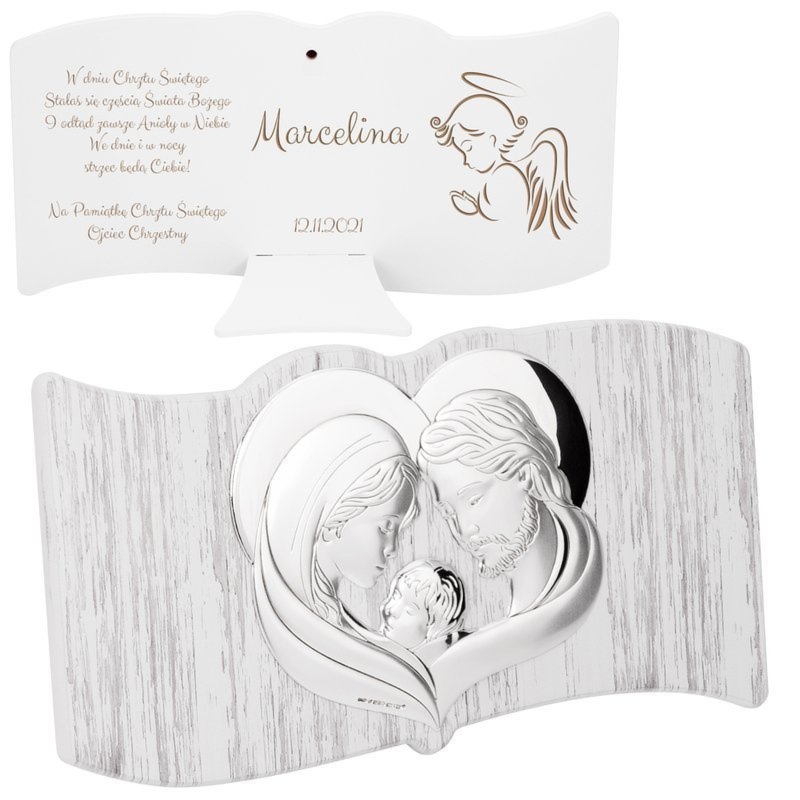 Na Chrzest Św. lub ślub obrazek Święta Rodzina z grawerem na drewnie