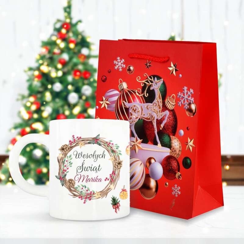 Świąteczny zestaw: kubek z indywidualnym nadrukiem i torebka