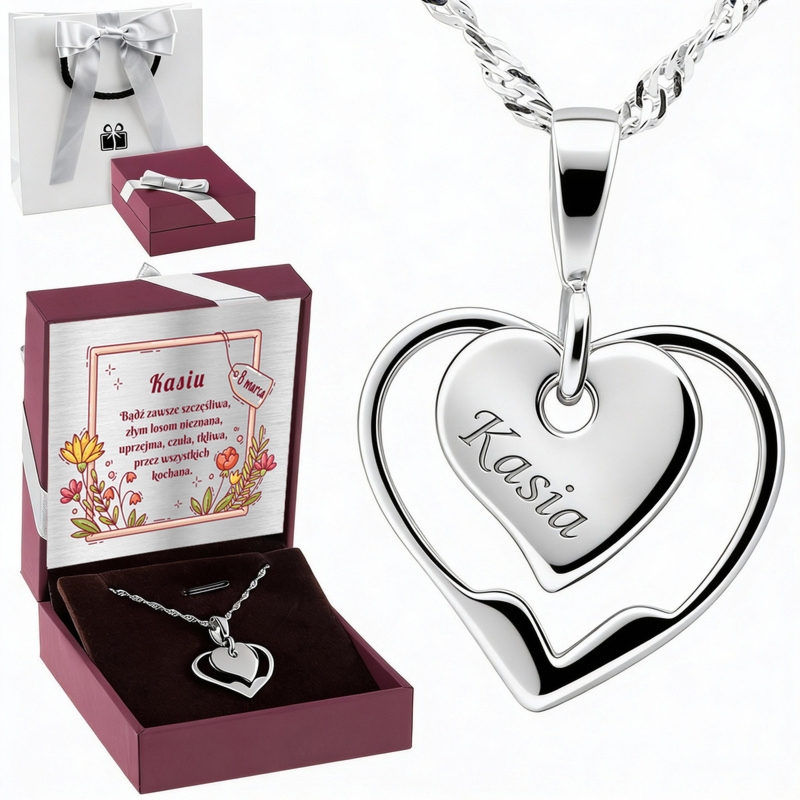 Srebrny naszyjnik podwójne serce 925 z grawerem i dedykacją