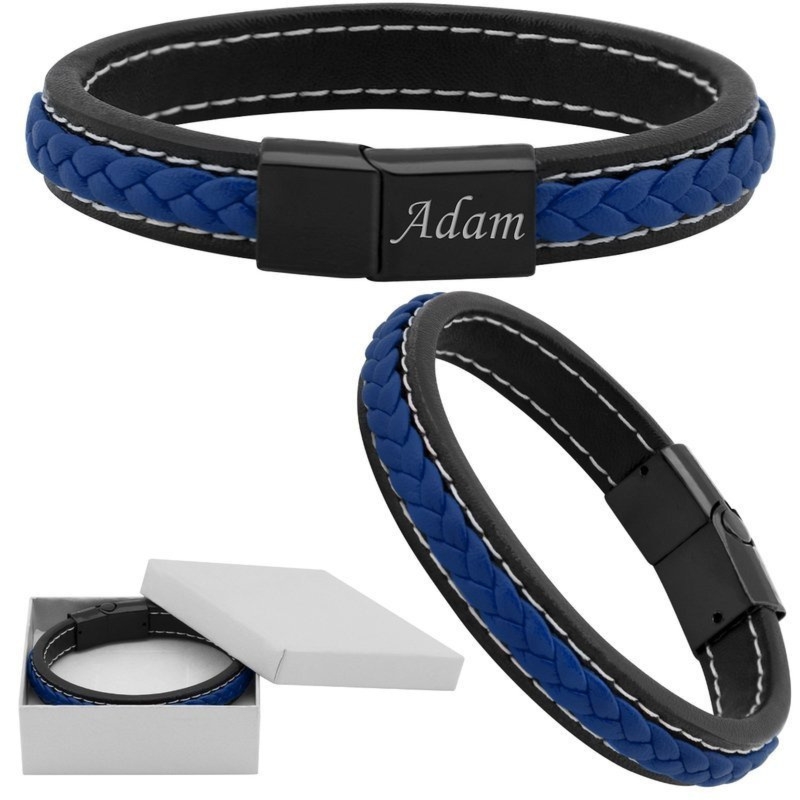 Bransoletka męska niebiesko-czarna pleciona z grawerem 316L