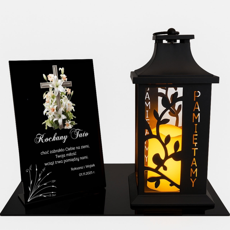 Personalizowany znicz LED z tabliczką pamiątkową krzyż i lilie