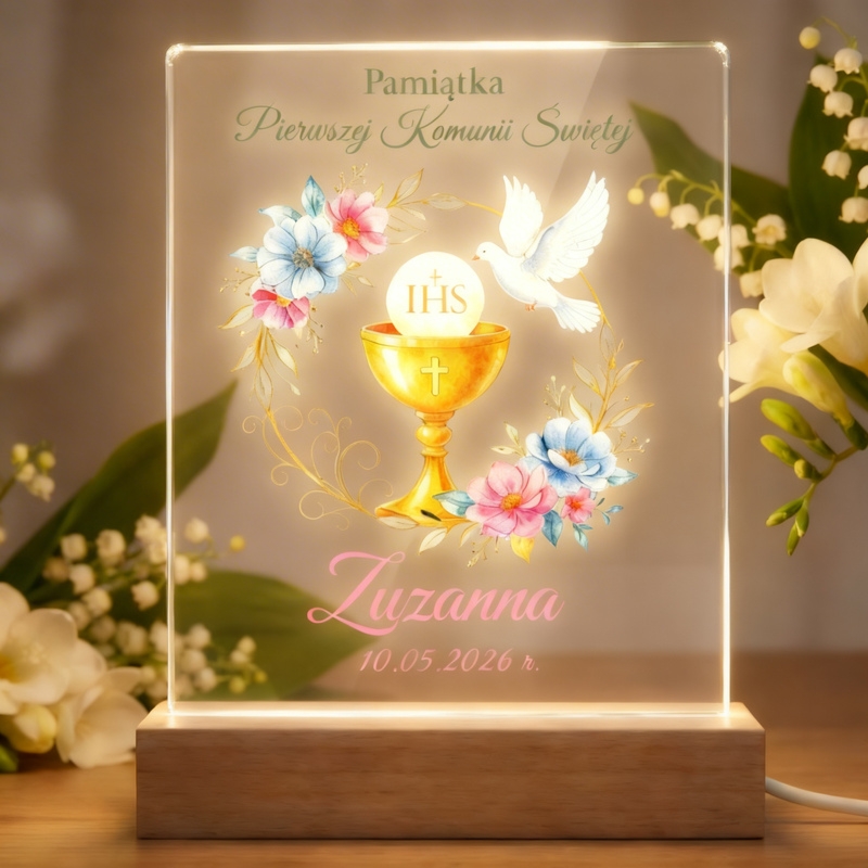 Tabliczka LED dla dziewczynki na Komunię z imieniem i datą