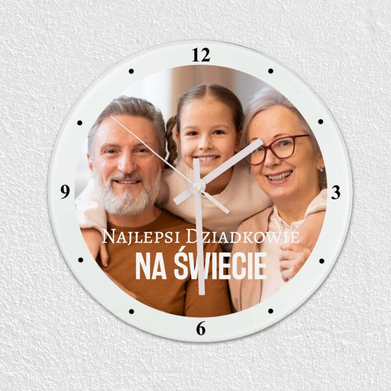 Dzień Babci i Dziadka: Szklany zegar, personalizacja nadrukiem UV