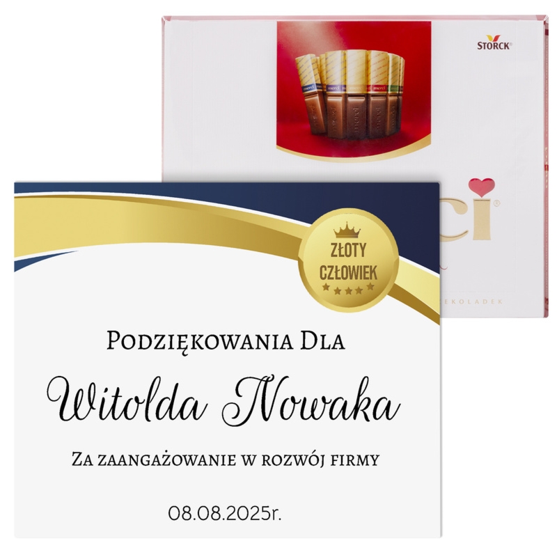 Zestaw Merci z personalizowaną obwolutą – podziękowania firmowe i na emeryturę