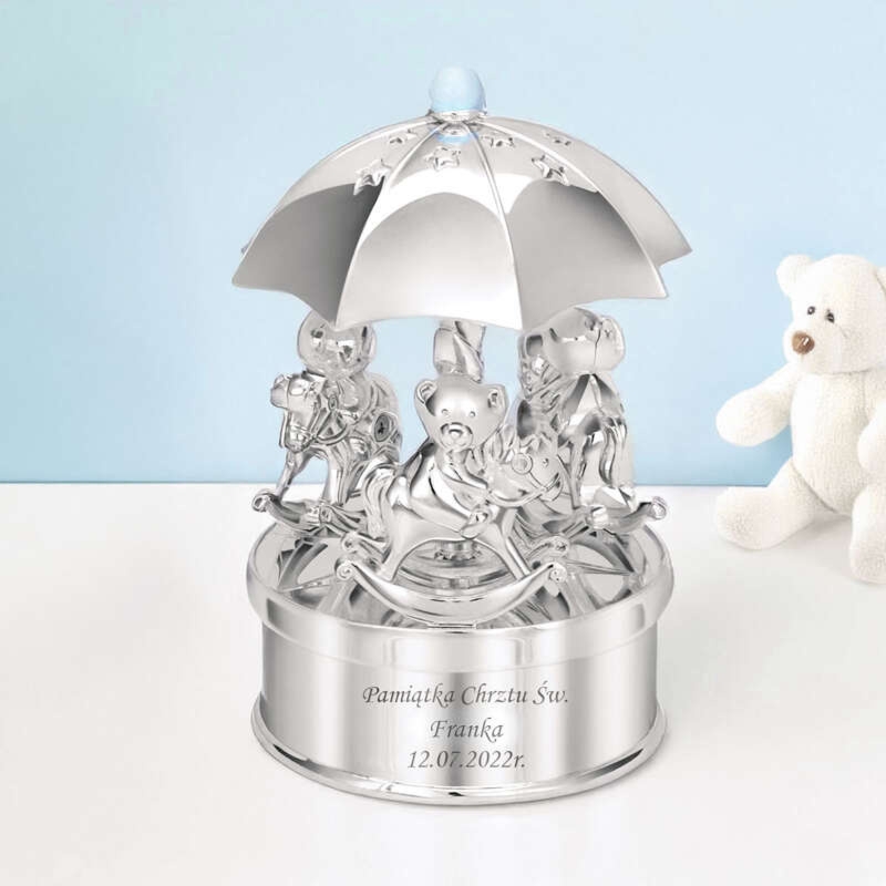 Chrzest dla chłopca – pozytywka Misie na karuzeli z grawerem