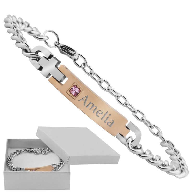 Bransoletka 316L z miedzianą blaszką i różową cyrkonią z grawerem