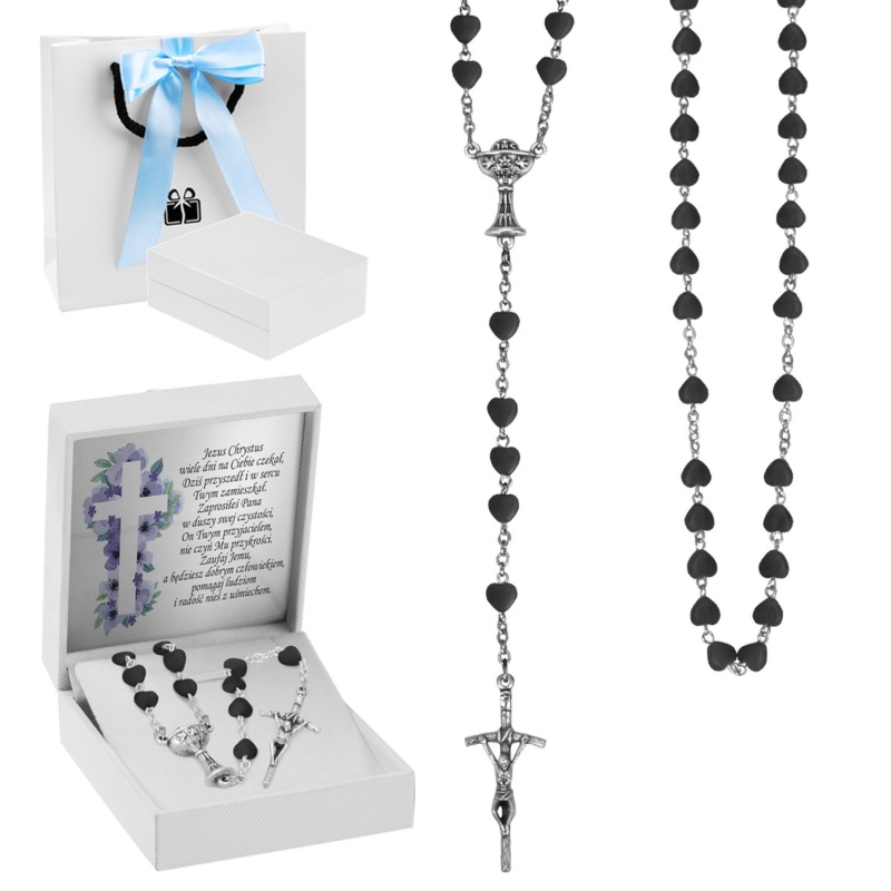 Różaniec komunijny z czarnymi paciorkami – elegancki prezent na I Komunię Świętą