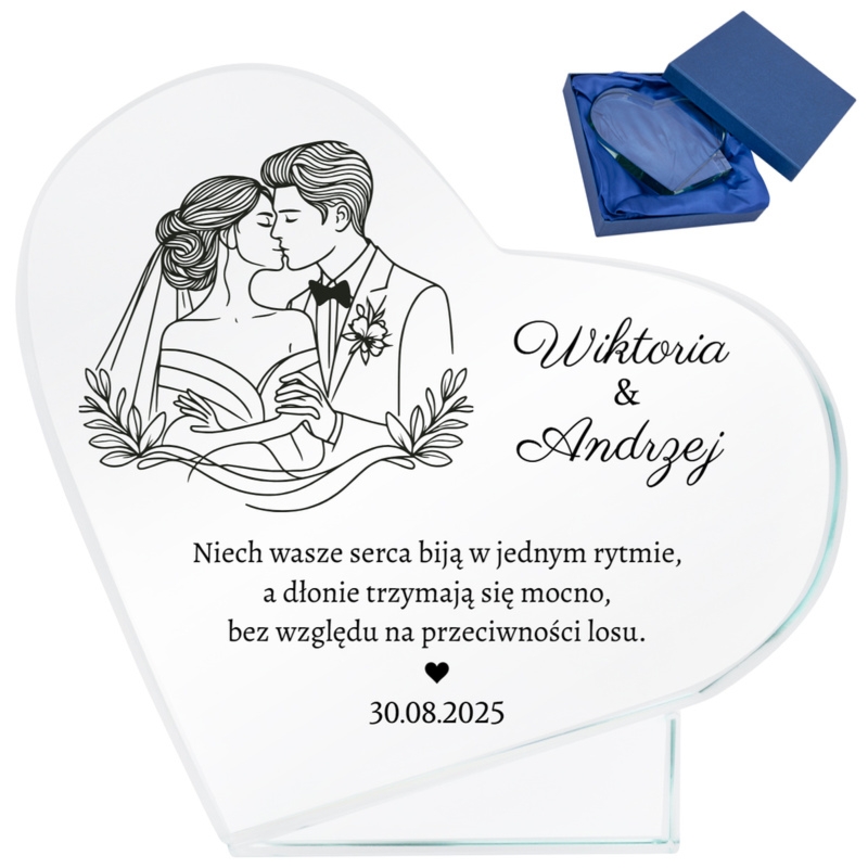 Szklane serce z nadrukiem UV – ślubna pamiątka z dedykacją