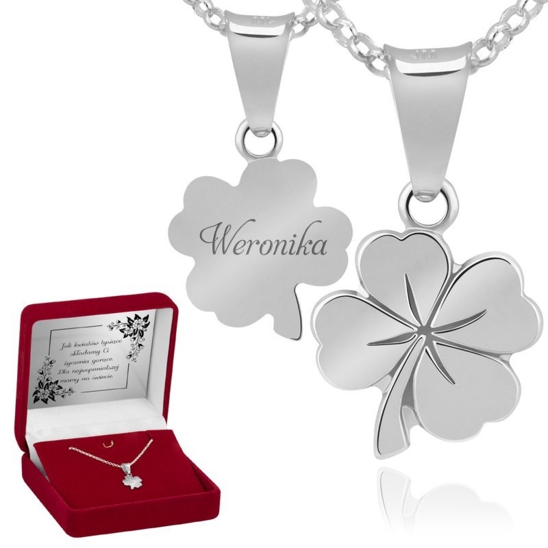 Wisiorek koniczynka 925 w welurowym pudełku z grawerem i dedykacją