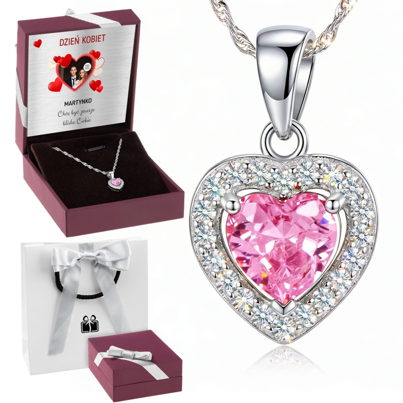 Na Walentynki srebrny zestaw serce 925 z dedykacją i łańcuszkiem