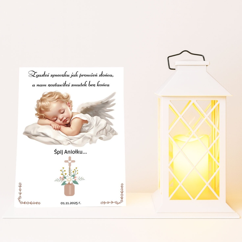 Zestaw nagrobny dla Dziecka: lampion solarny LED i tabliczka