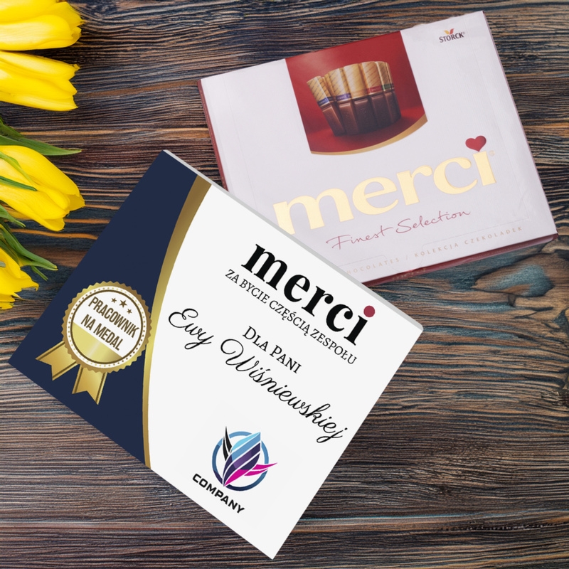 Zestaw Merci z personalizowaną obwolutą – Pracownik na medal