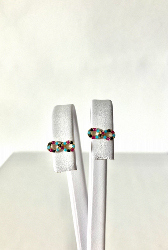 Złote kolczyki nieskończoność 585 z kolorowymi kamieniami na sztyft