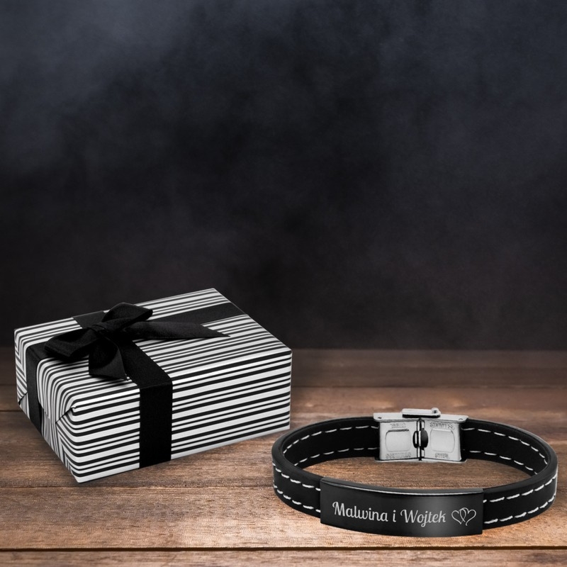 Bransoletka męska kauczuk i stal 316L, białe przeszycie, grawer