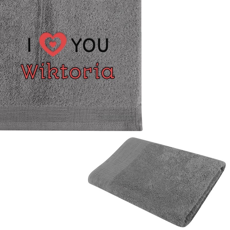 Image of Ręcznik kąpielowy z haftem na Walentynki / I love You... Aqua frotte / 50x100