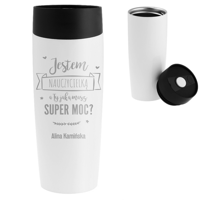 Na Dzień Nauczyciela biały kubek termiczny z grawerem laserowym