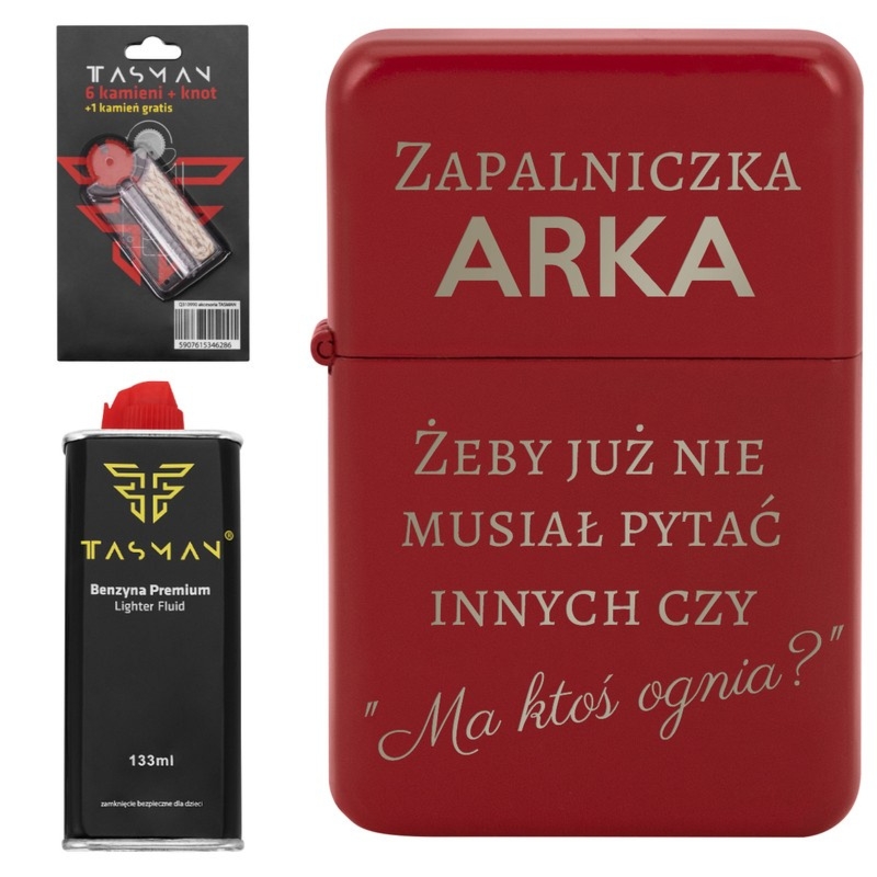 Zestaw Tasman: czerwona zapalniczka benzynowa z grawerem