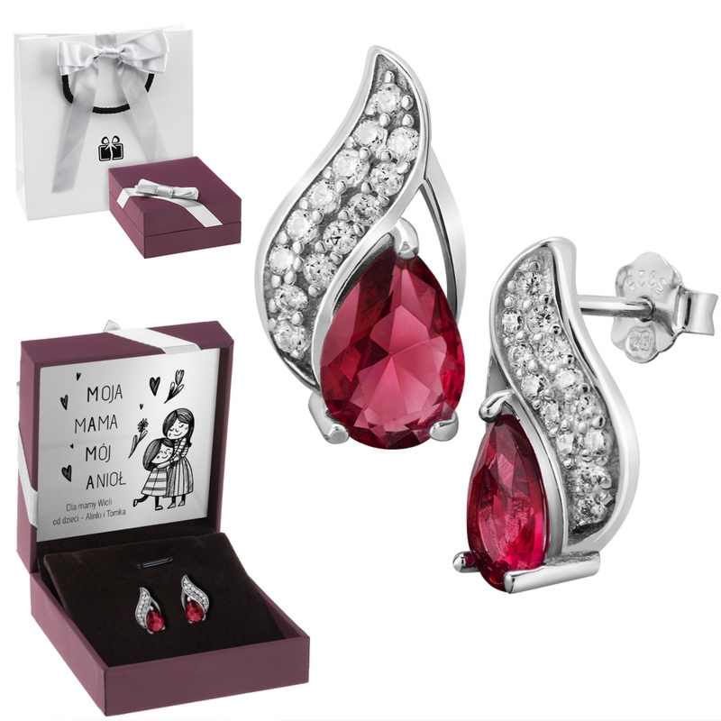 Na Dzień Matki srebrne kolczyki 925 rubinowa cyrkonia z dedykacją